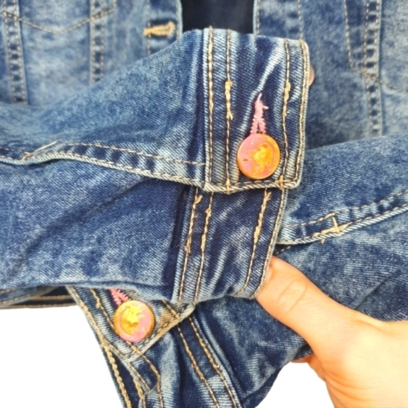 SMILEY WORLD Kids Cropped Punk Jean Trucker Jacket Yellow Smiley Face Girl Sz 12 - Picture 5 of 10